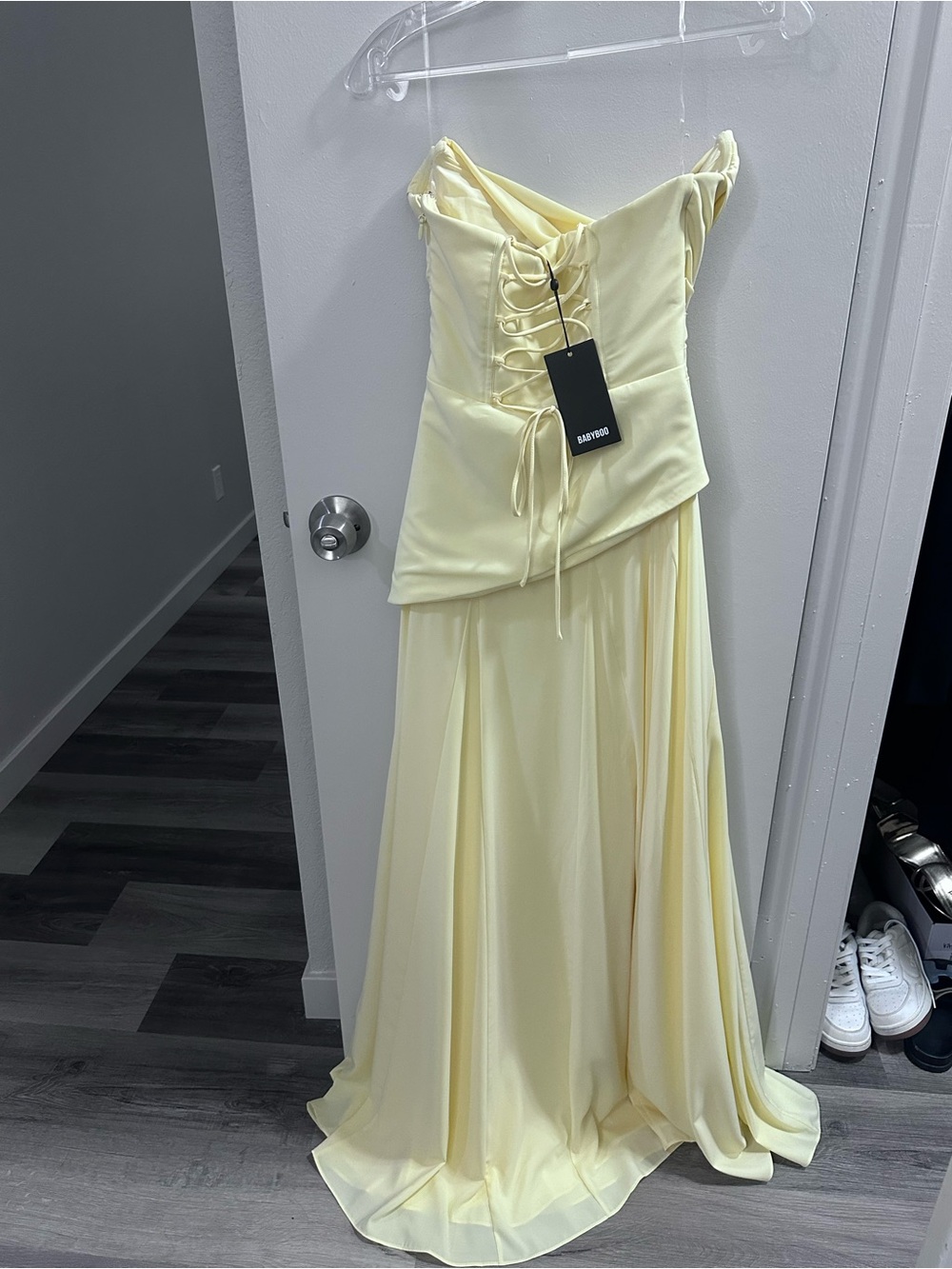 Strapless Draped Maxi Evening Dress in Pale Yellow - Picture 7 of 8